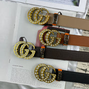 Luxuriöser Gürtel mit Doppel-G-Strass und beidseitigem Litschi-Muster in 4 Farben