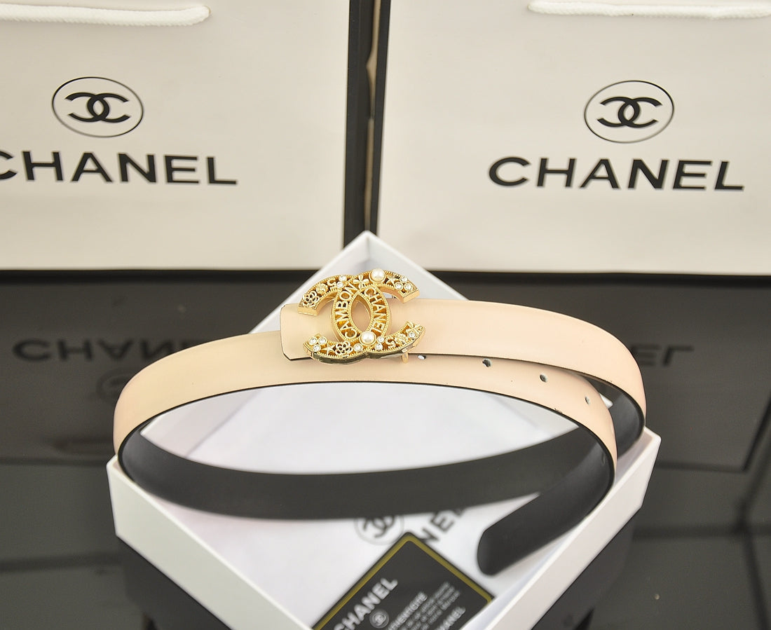 6-color luxurious double C hollow-out LOGO pearl belt
