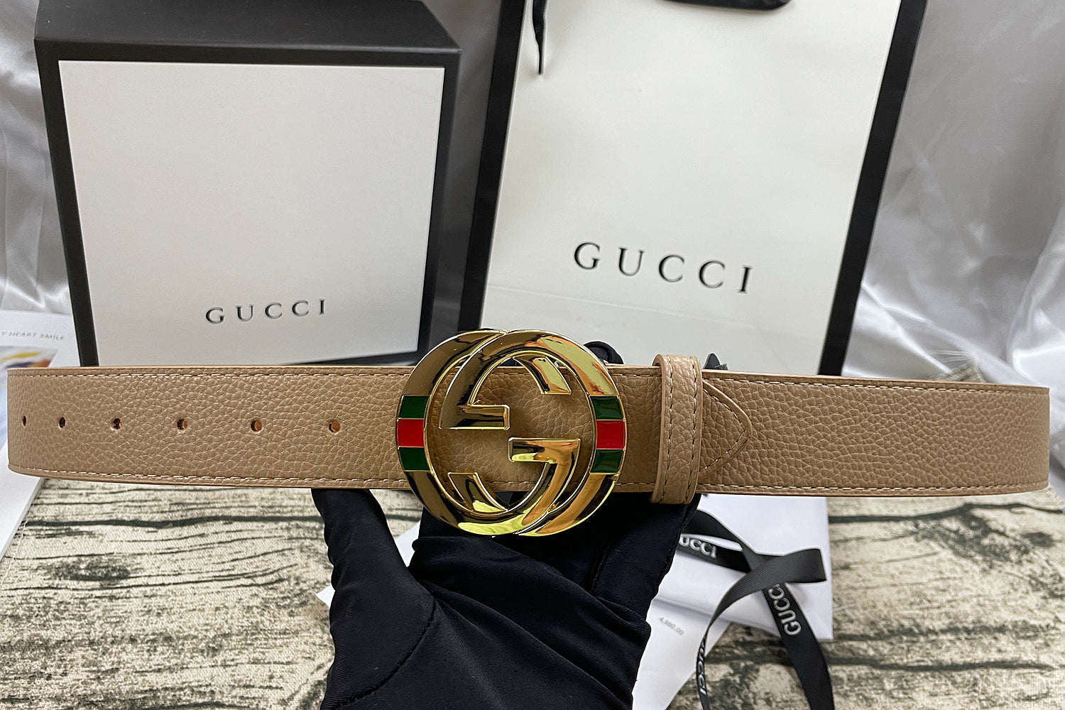Luxuriöser Doppel-G-Gürtel mit dreilagigem Litschi-Muster in 4 Farben